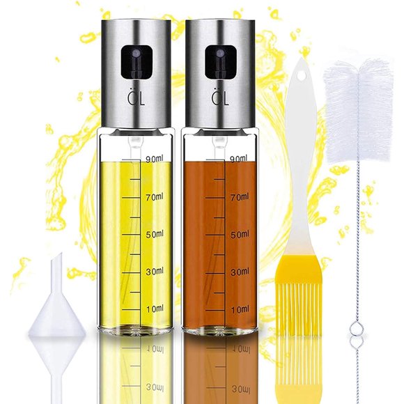 Blasoul 2 Pack Olive Oil Sprayers for Cooking, Baking, Grilling, Salad Making; 200ml Capacity, Stainless Steel & Glass, Reusable, Mister Bottles with Basting Brush and Oil Funnel