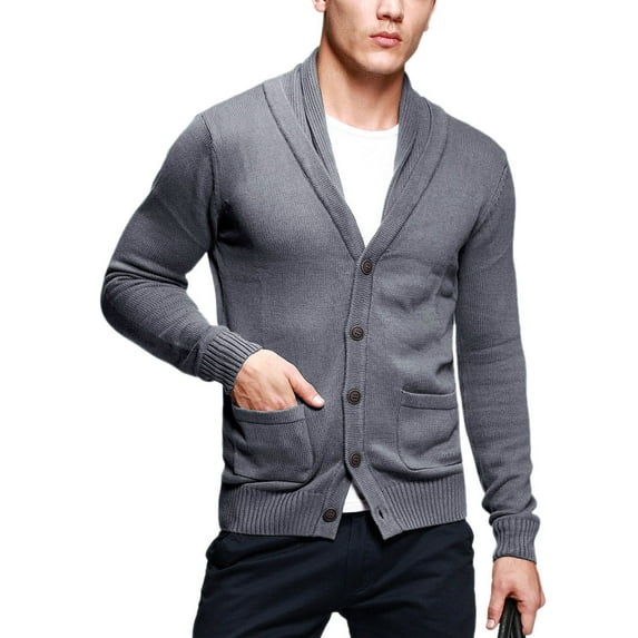 Matchstick Men's V-Neck Shawl Collar Button-up Cardigan Cotton Knitted Sweater with Pockets