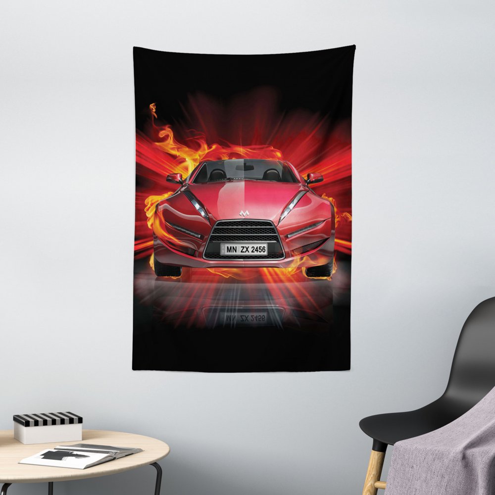 Cars Tapestry, Front View of a Fire Car Speeding Hot Flames on Abstract
