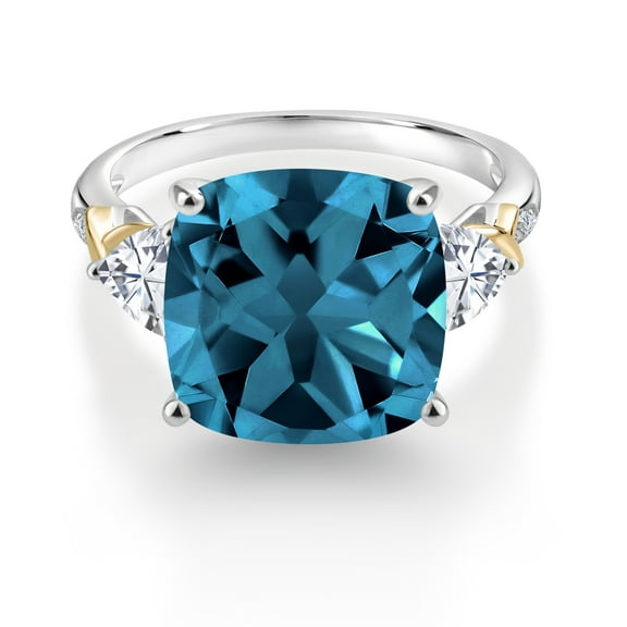 Gem Stone King 9.75 Cttw London Blue Topaz White Moissanite and Diamond Ring for Women | 925 Silver and 10K Yellow Gold | 12MM Cushion and 5MM Trillion | Size 9