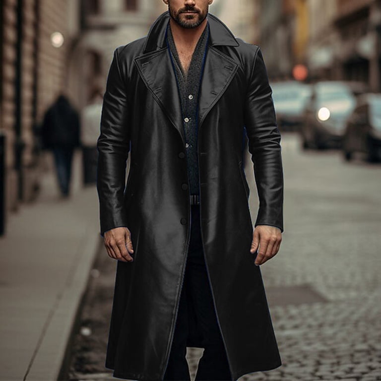 mens leather dress coat Fgnfyis Jacket Fall Solid Color Lapel Pocket Slim Double Trench Style Belted Long Mens Jacket Black L, Men's, Size: Large french blue dress