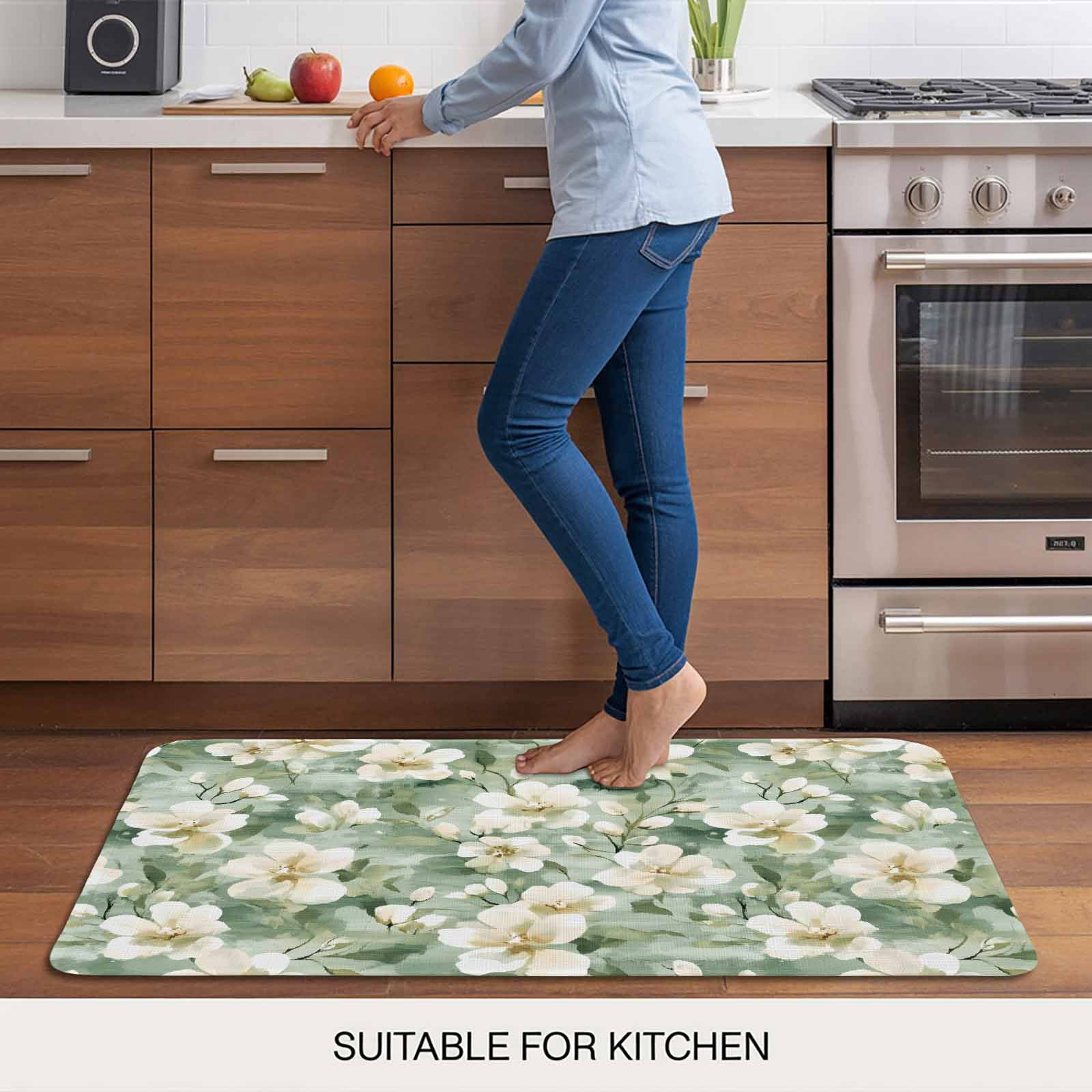 Sage Green Spring Floral Doormat Outdoor Entrance 18"x30", Summer Botanical Farmhouse Absorb Moisture Dirt Door Mats, Non-Slip Rubber Backing Floor Mats Indoor, Low-Profile Front Door Rugs