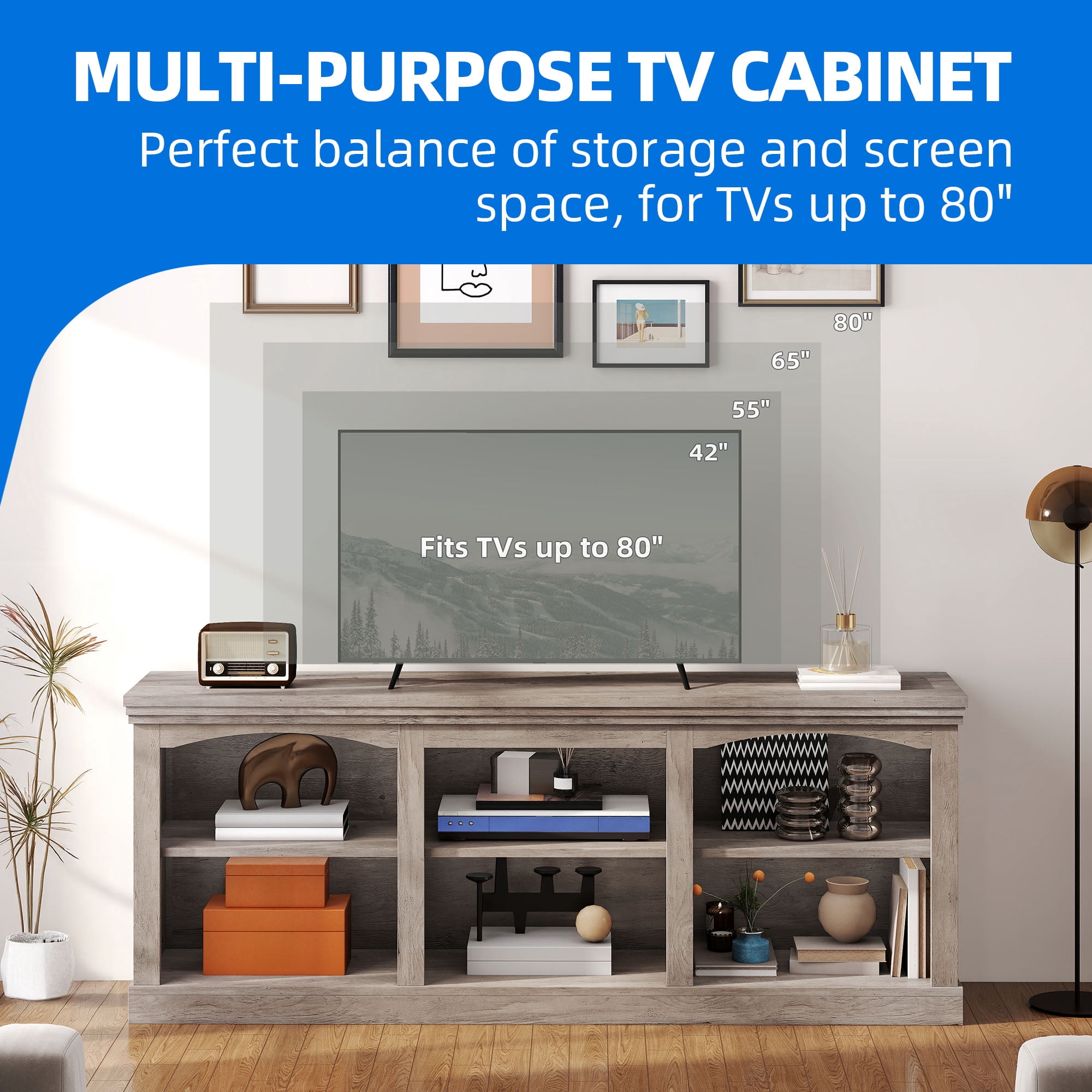Dextrus TV Stand for 80 Inches TV, Farmhouse Entertainment Center with Adjustable Shelf & Storage Cabinets, Washed Gray