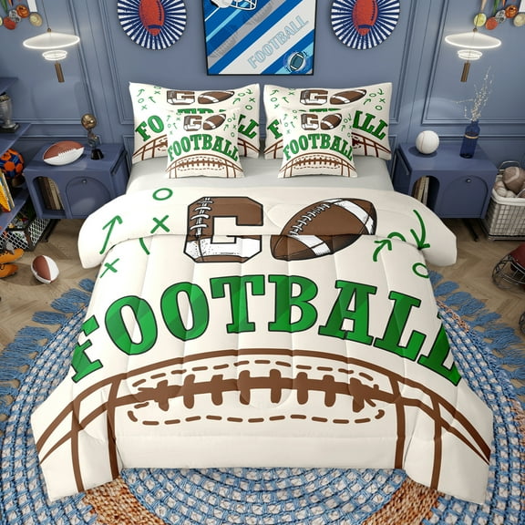 Manfei Kids Rugby Game 7-Piece Twin Bedding Sets,American Ball Sport Sport Bedding Comforter Set,Beige Green Brown Sheet Sets For Boys Teens,Microfiber Bedroom Decor Reversible