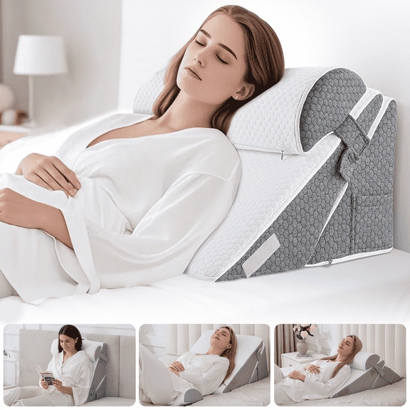 iHrat Wedge Pillow for Sleeping,Orthopedic Adjustable Memory Foam Bed Wedge Pillows Set for Leg Back Pain Relief & Reading Rest,Headboard with Neck Support & Gray Removable Pillowcase