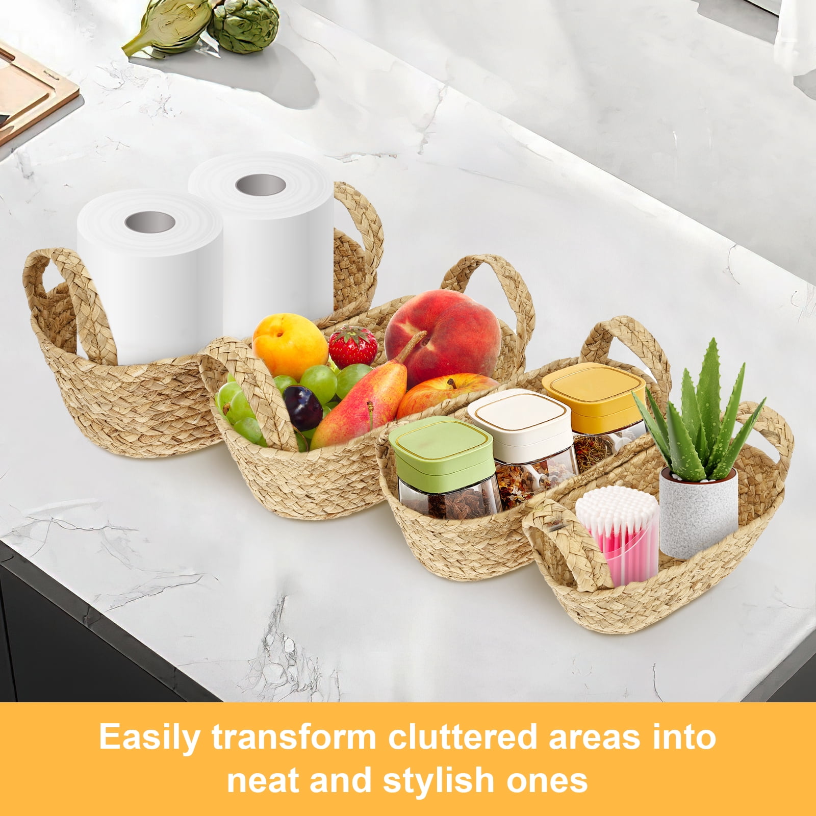 FKSZLL 4Pcs Woven Storage Basket with Handle Decorative Baskets for Shelves Decor Hemp Rope Storage Baskets Bin for Organizing Fruit Vegetable Snacks