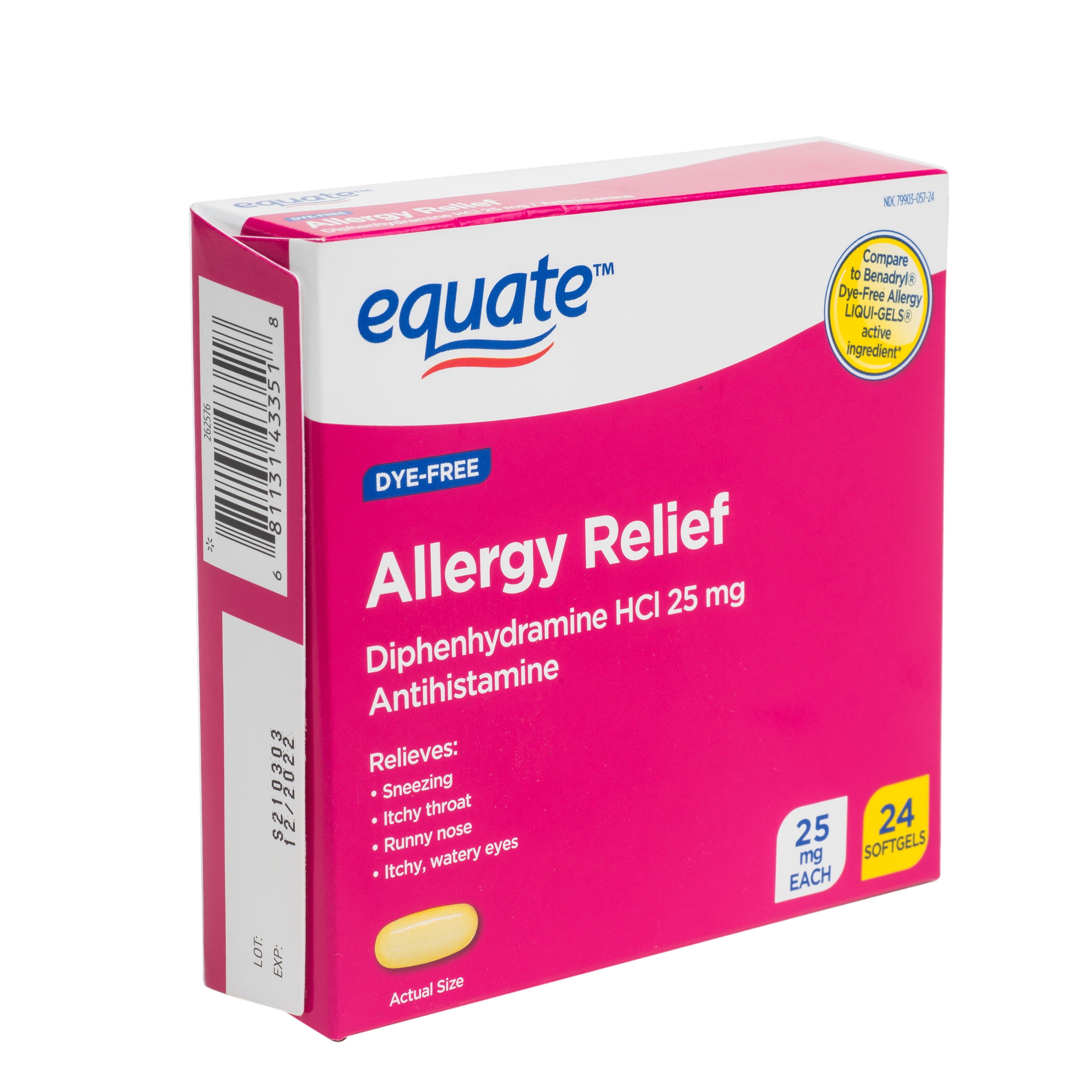 Equate DyeFree Allergy Relief Softgels, Diphenhydramine HCl 25mg, 24