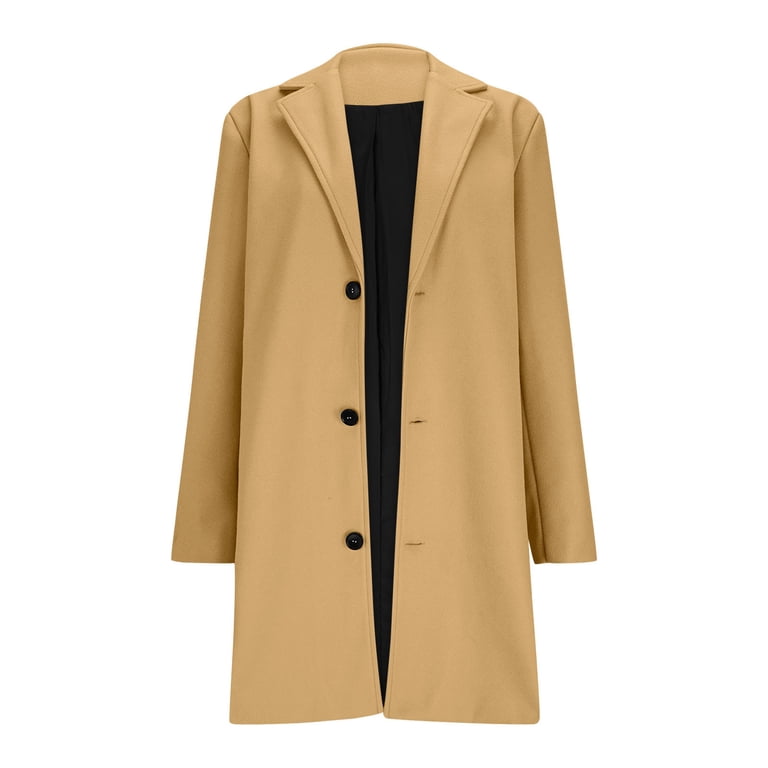 VINUSLI Plus Size Winter Dress Coats for Women Notched Lapel Collar Wool  Blend Midi Peacoat Single Breasted Dressy Long Sleeve Trench Coat Yellow,XL 