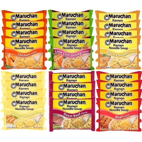 Maruchan Ramen Instant Noodle Soup Variety Mix 24 Packs, 6 Flavors - 4 Lime Chili Shrimp, 4 Chicken, 4 Roast Chicken, 4 Beef, 4 Creamy Chicken, 4 Rost Beef Lunch / Dinner Variety