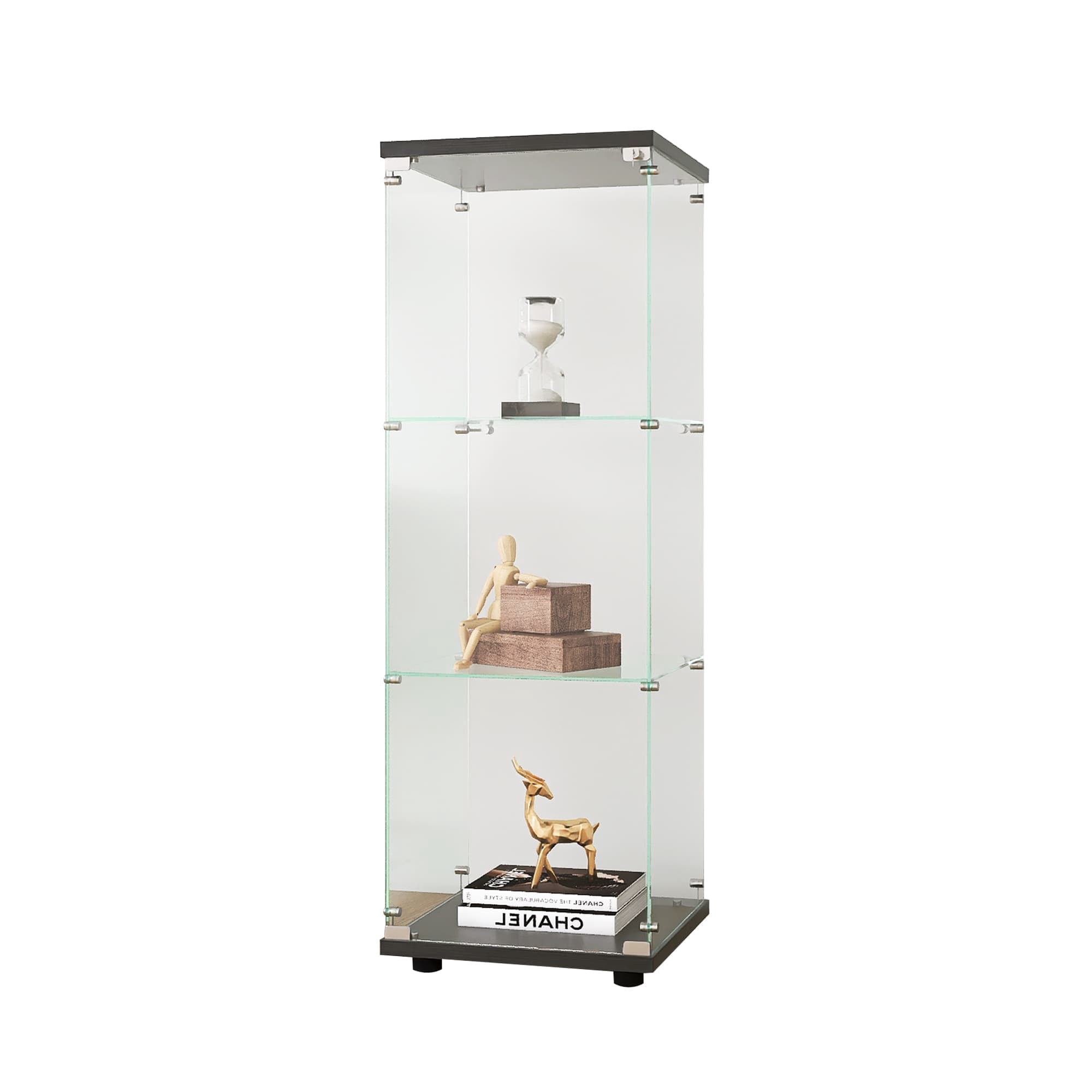 MAYEERTY Glass Display Cabinet with 3 Shelves, One-Door Glass Bookshelf Cabinets, Black, 49.3"×16.7"×14.3"