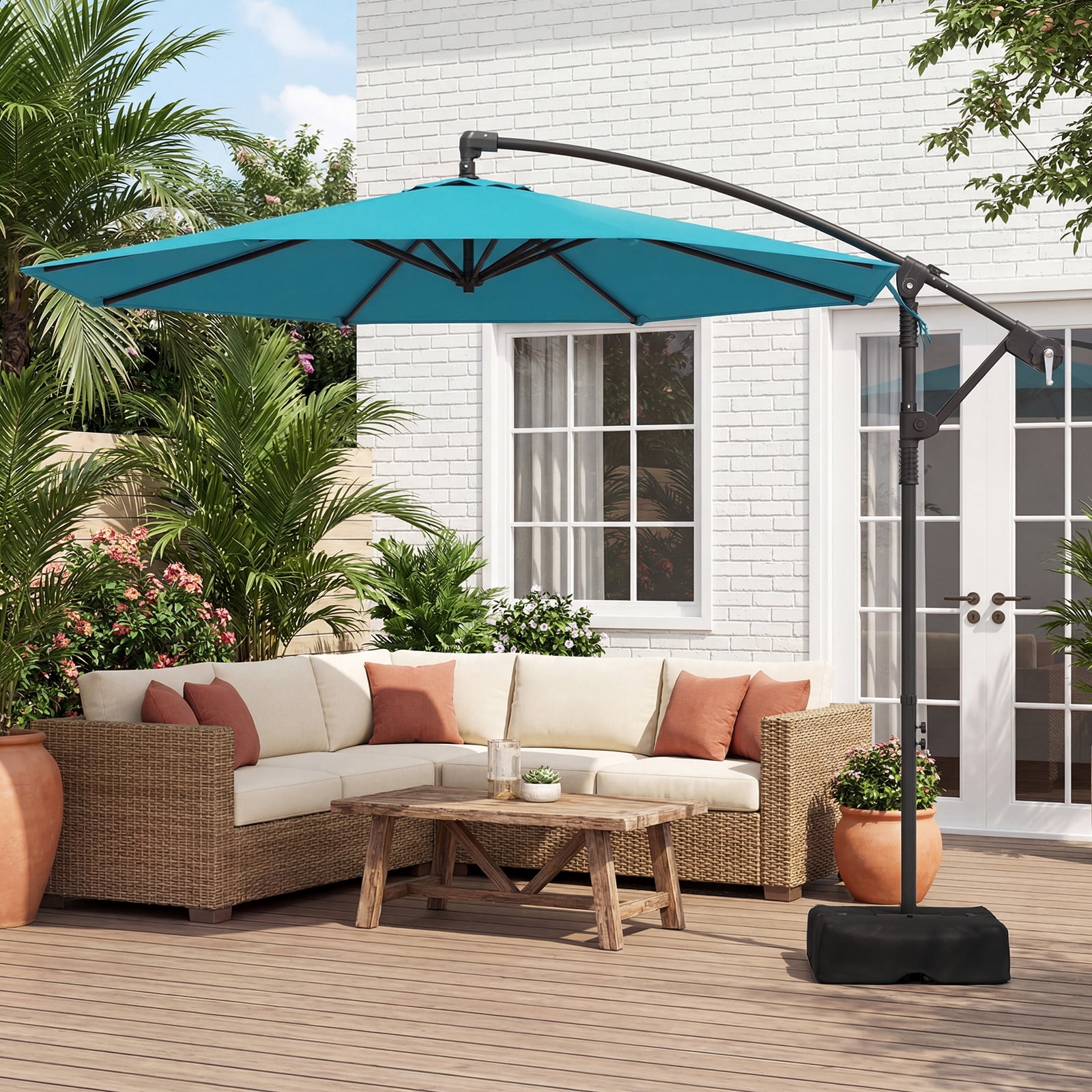 Costway 10 FT Offset Hanging Umbrella with Base Patio Cantilever Umbrella 360° Rotation Turquoise