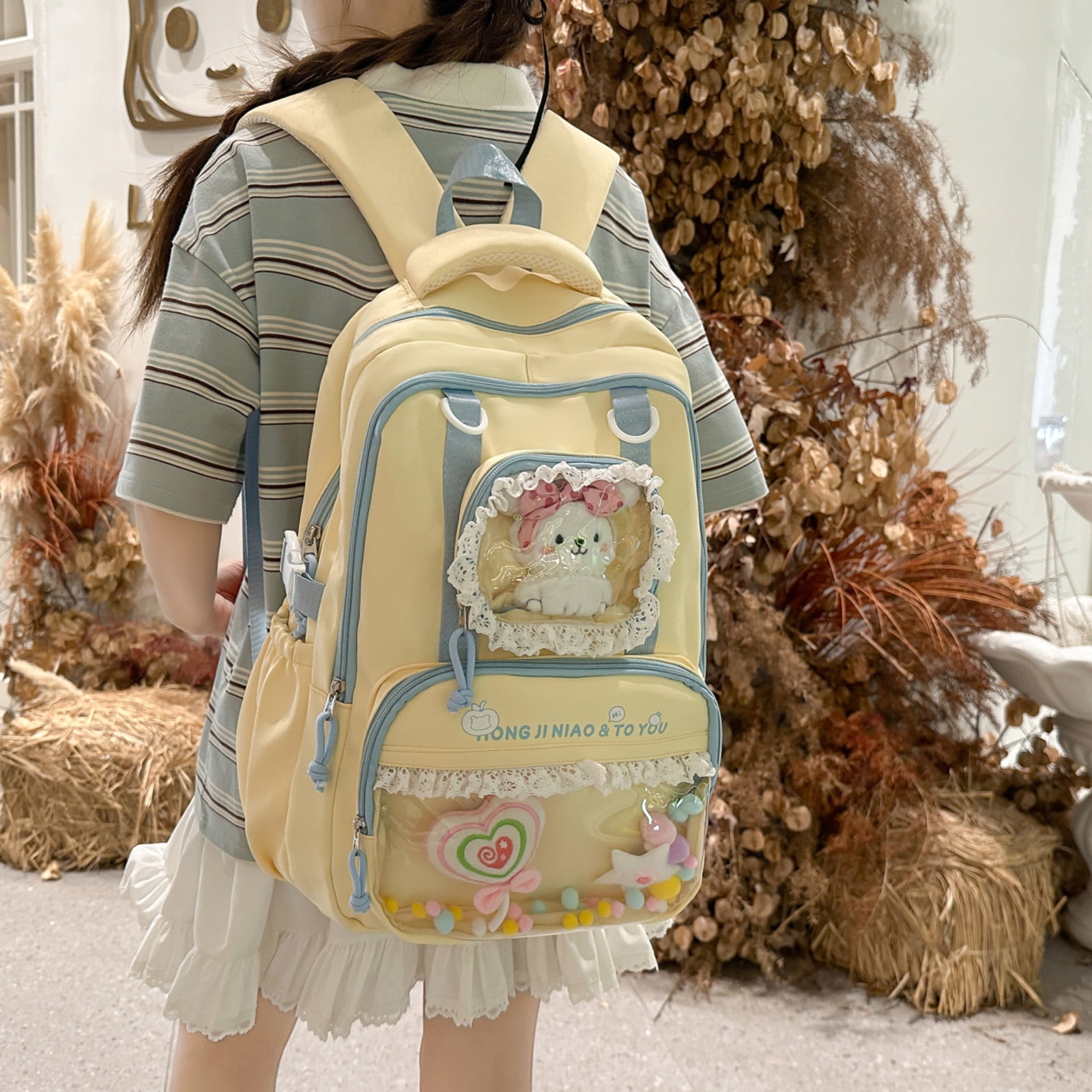HUISZJ Ita Bag School Backpack, Multi-Layer School Bag with Doll, Large Capacity Storage Bag for Students College Travel, Yellow
