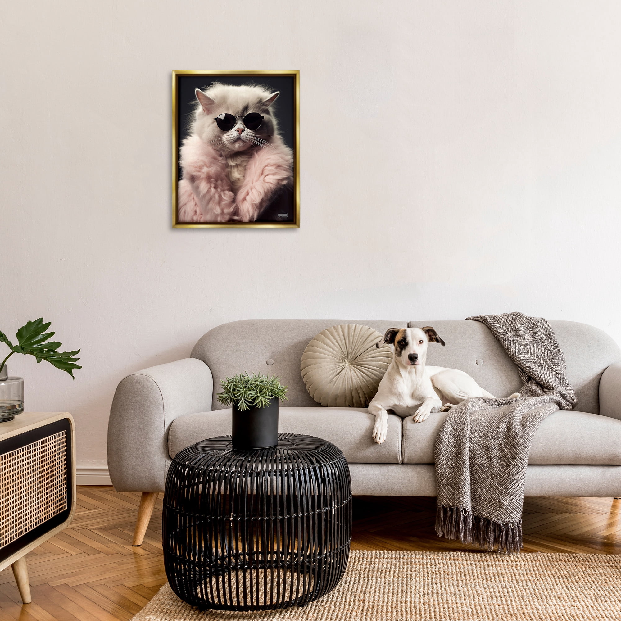 Stupell Industries Cat in Fur Jacket Animals & Insects Painting Gold Floater Framed Canvas Art Print Wall Art, 25 x 31