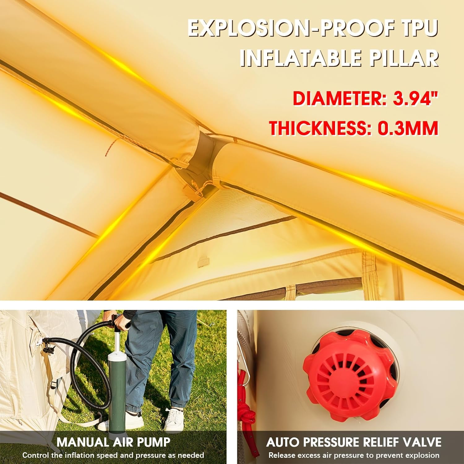 Slsy Inflatable Tents with Canopy for Camping, Blow Up Tent with Hand Pump, Easy Setup Inflatable Hot Tent with Stove Jack, Waterproof Oxford Air Glamping Tents for Camping Adult 4-6 Person