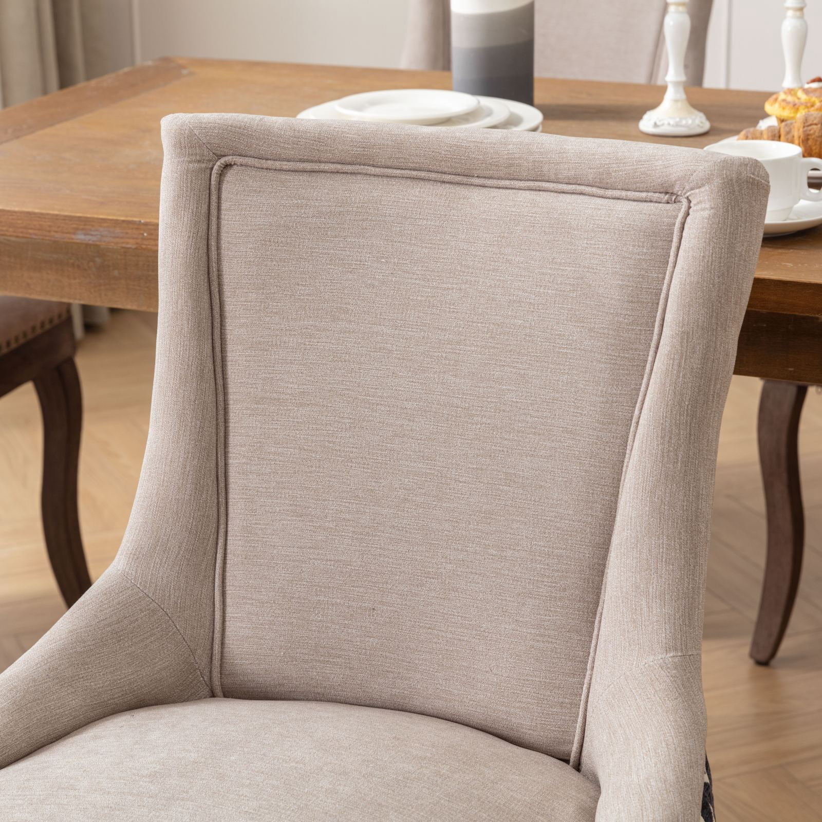 BSHTI Furniture Ultra Side Dining Chair Set of 2, Beige Patterned Fabric Chairs with Solid Wood Legs & Bronze Nail Head Trim, Unique Accent Seating