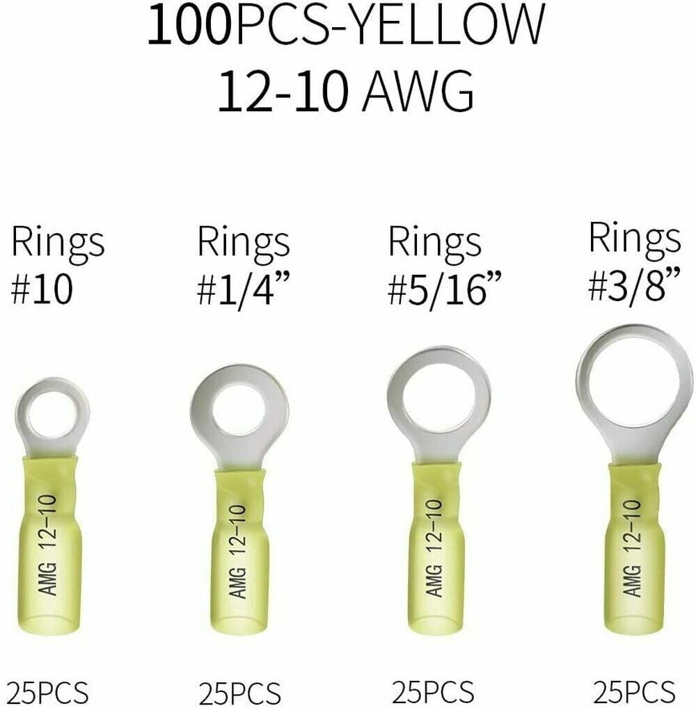 100pcs Insulated Heat Shrink Ring 12-10AWG #10 Electrical Wire Crimp Connectors