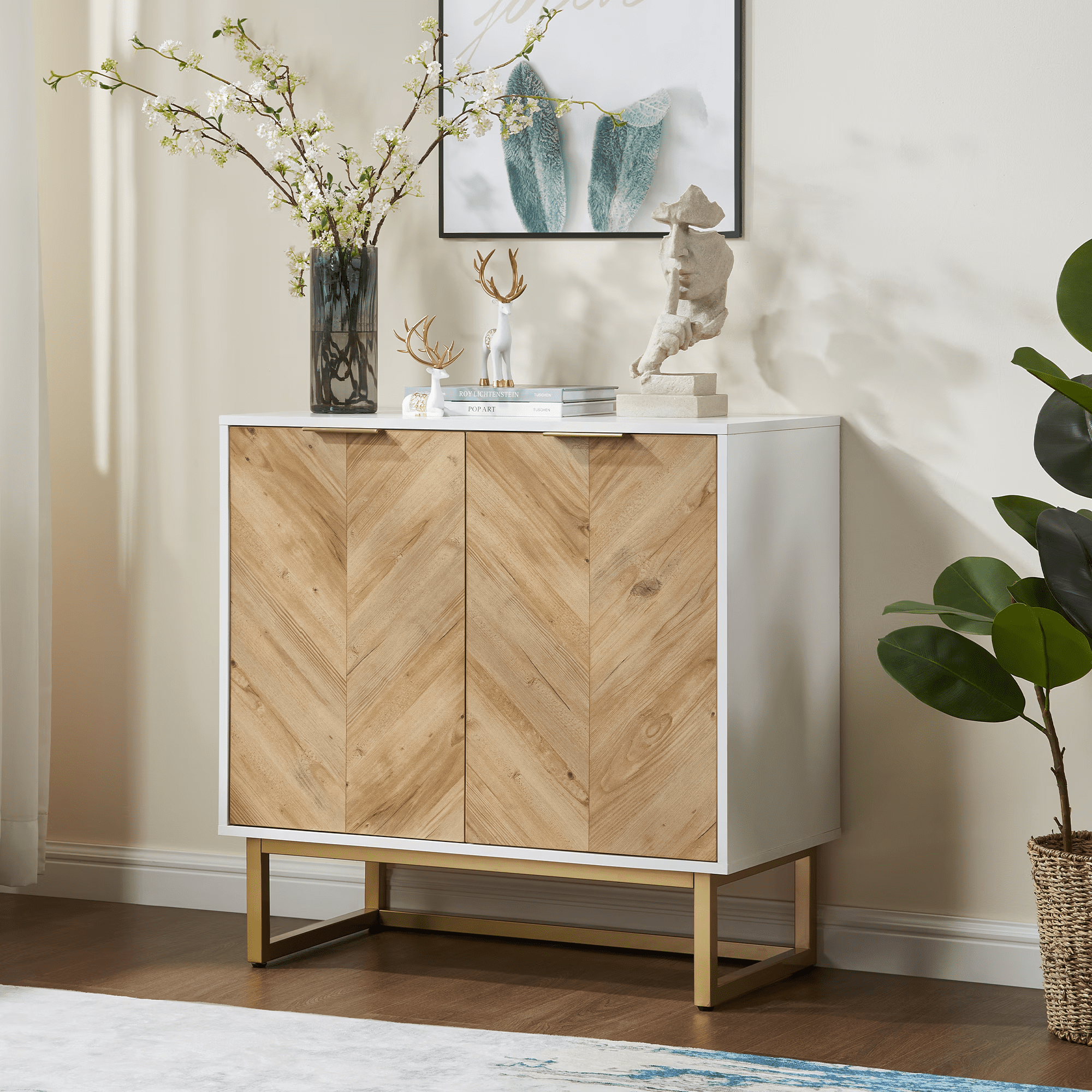 White & Gold Storage Cabinet, Modern Buffet Sideboard with 2 Doors