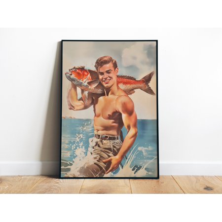 POSTER Retro Handsome Man Poster Vintage Fisherman Art Funny Gay Art LGBTQ Queer Art Print Fish Original Art 60s 70s Fishing Wall Art-UNFRAMED