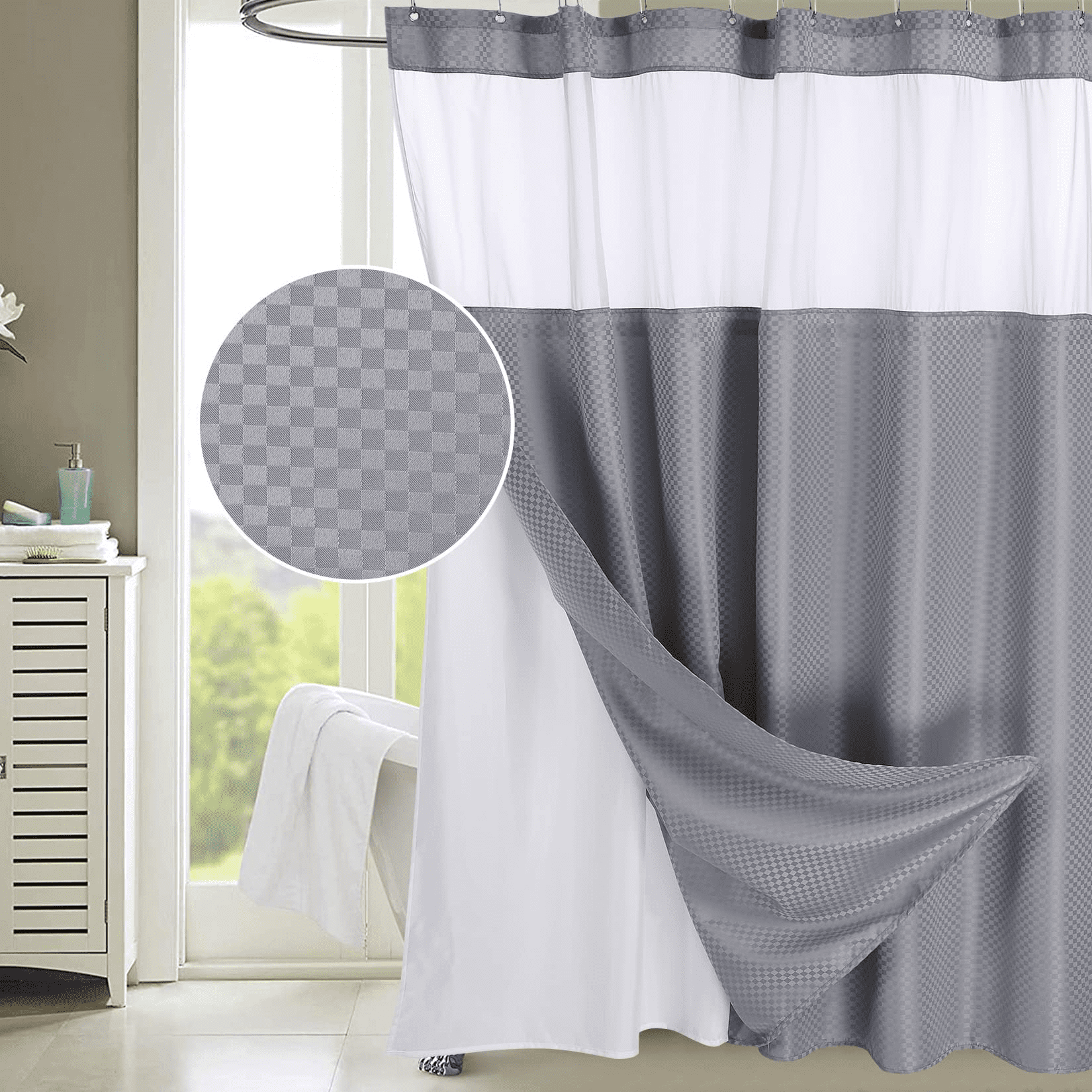 Coolmee Grey Fabric Shower Curtain with Snapin Liner, Heavy Duty Water