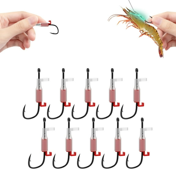 Luminous Live Shrimp Hooks for Saltwater Fishing, Carbon Steel Shrimp Walker Hook with Barbs, Non-Piercing Design for Lively Bait, Ideal for Bass, Carp, and Catfish, Razor-Sharp ,(10 Pack,Red)