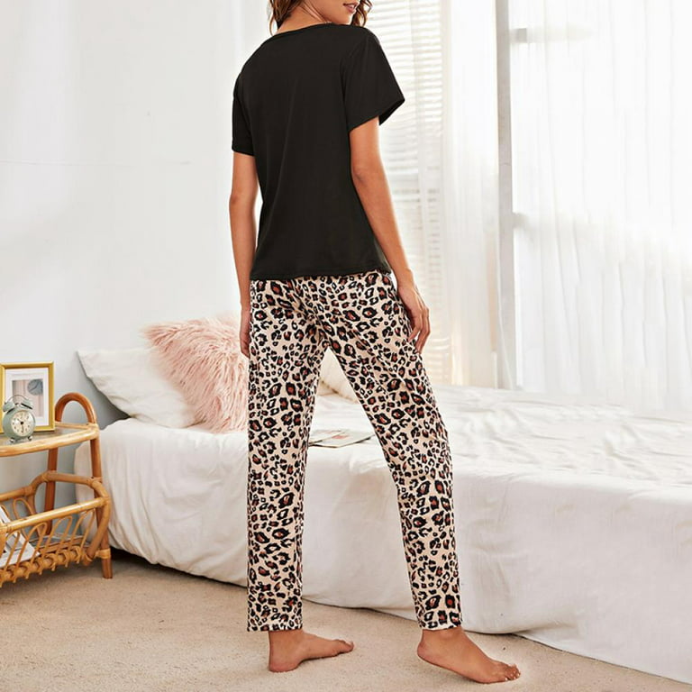 Womens Pajama Set Classic Short Sleeve Top Tee & Loose Long Pants Leopard Print  Bottoms T-shirt Sleepwear Pjs Sets