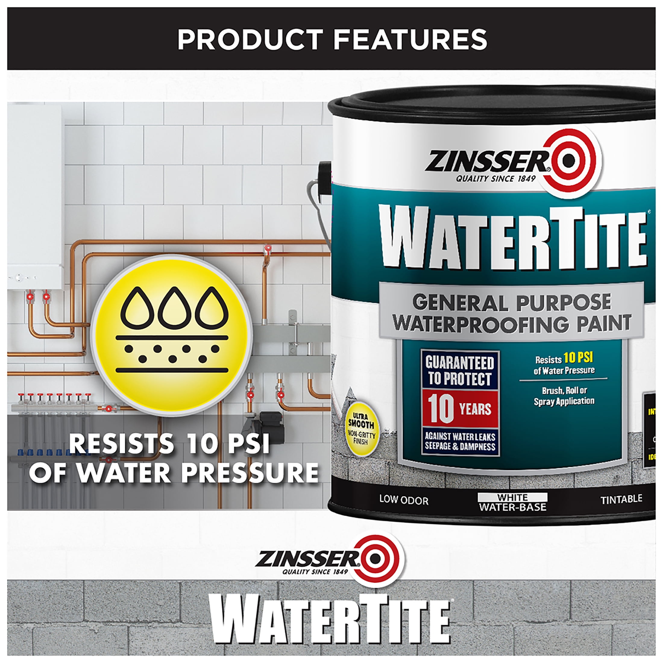 (2 pack) White, Zinsser WaterTite Matte General Purpose Waterproofing Paint, 5 gallon, 1 Pack