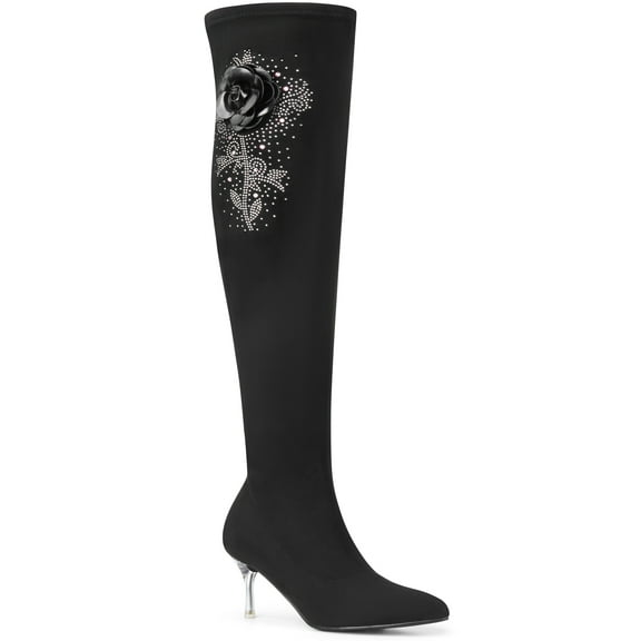 BLISSFUL STEP Rhinestone Flower Pointed Toe Stiletto Heel Over the Knee High Boots for Women Black 6