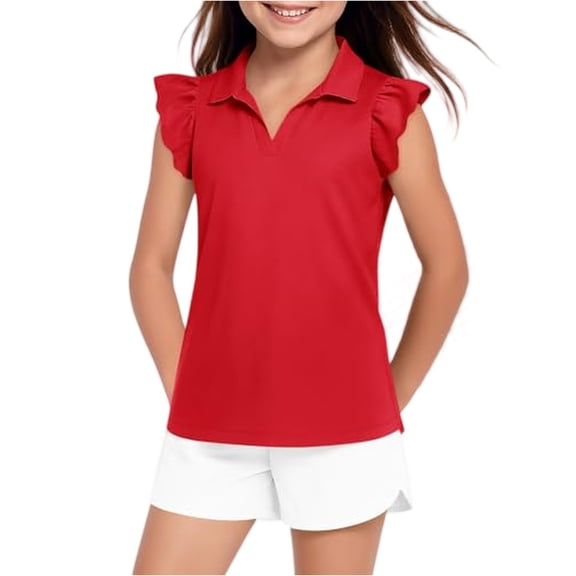 Abcomgle Girls Ruffle Short Sleeve Golf Polo Shirts V-Neck Collared Girls Golf Outfit Quick Dry Athletic Golf Girls Uniform Shirts
