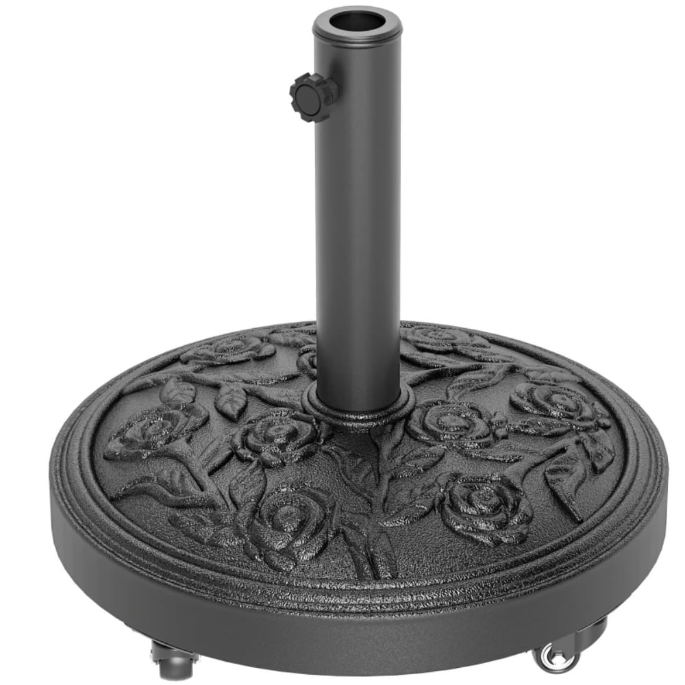 46 lbs Resin Concrete Patio Umbrella Base with Wheels Decorative Rose Pattern Umbrella Stand Fits 1.3" 1.5" 1.9" Poles for Outdoor Umbrella Up to 9.2 FT Black（Only the base）