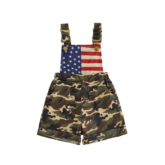 BemeyourBBs Toddler Baby Girl Boy 4th of July Overalls Outfit Patriot Independent Day Summer Clothes Bib Overalls Shorts Star Bow American Flag Camo Adjustable Strap Jumpsuit with Pockets