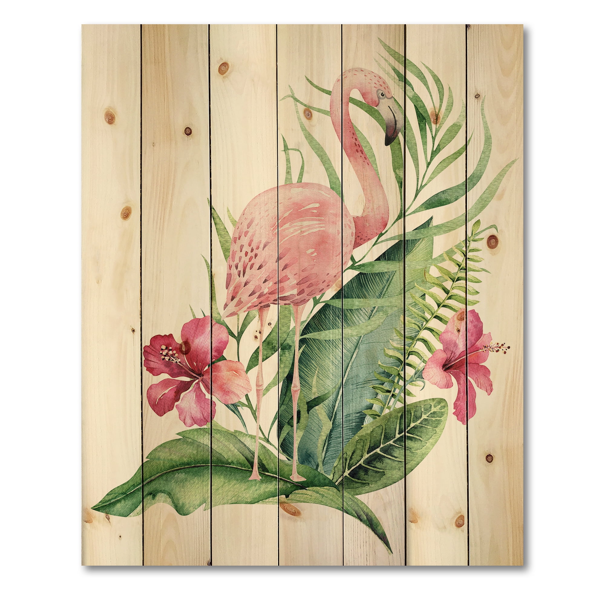 Designart 'Flamingo With Pink Flowers and Exotic Foliage' Traditional Print on Natural Pine Wood
