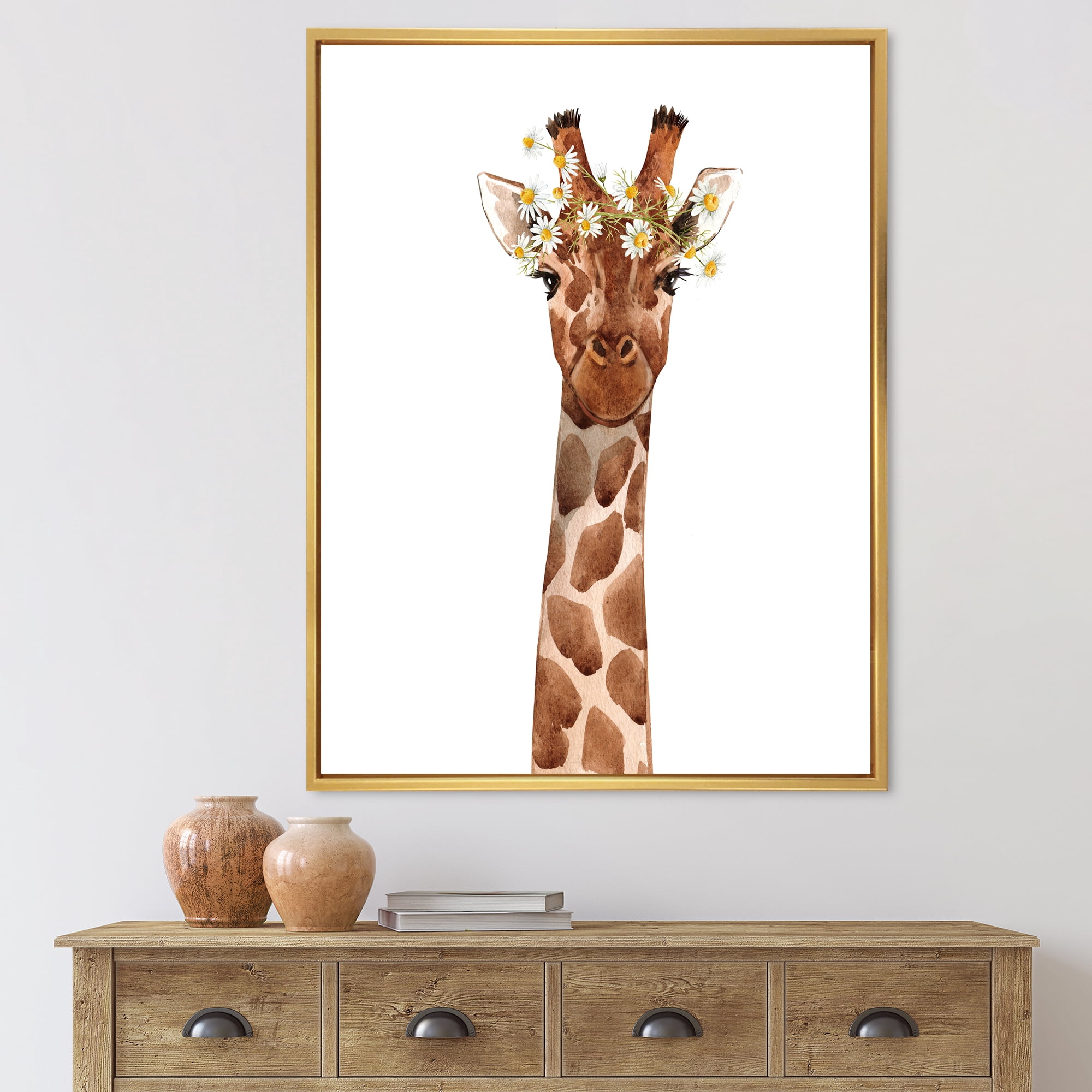Designart 'Portrait of A Giraffe With White Flowers' Farmhouse Framed Canvas Wall Art Print