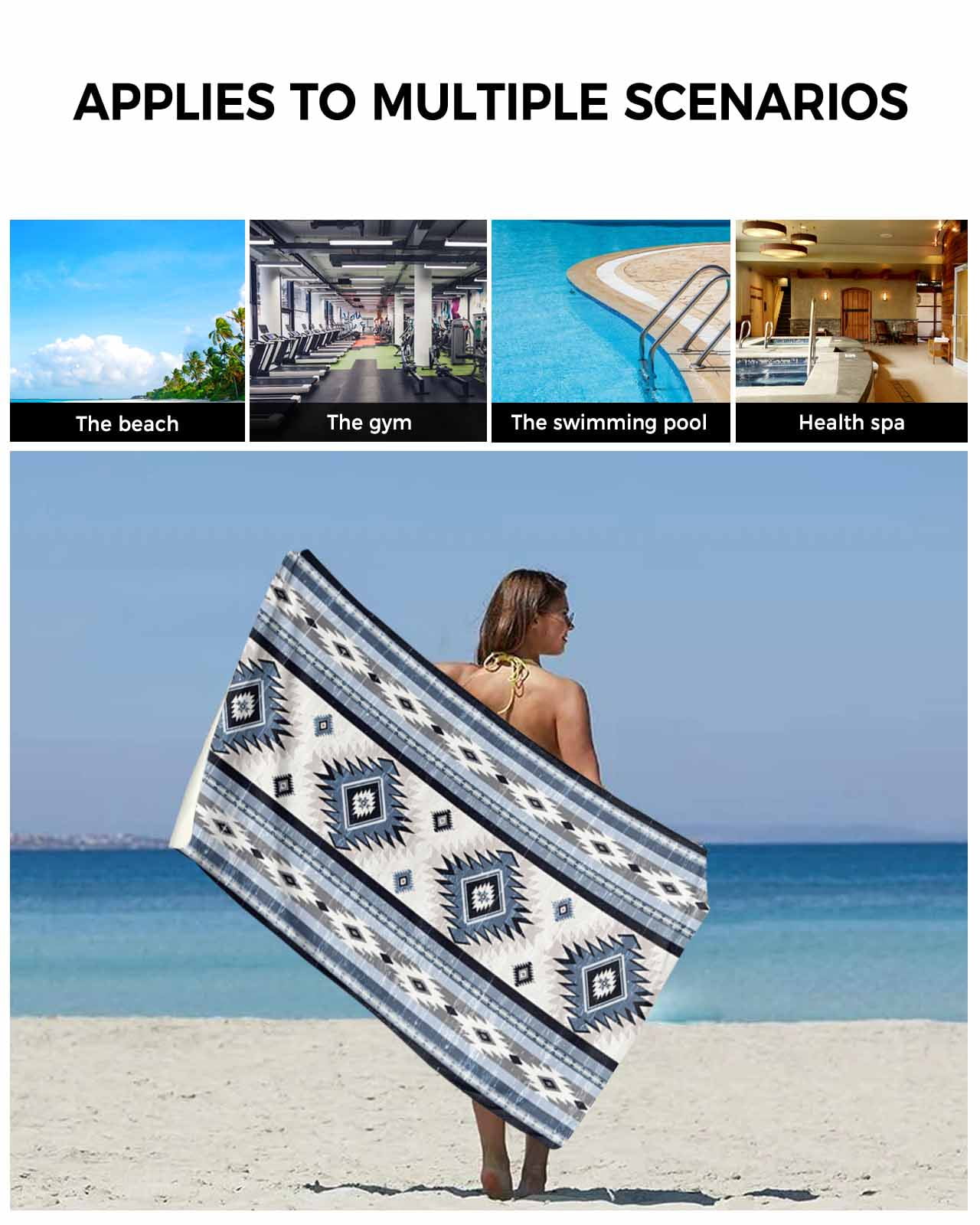 Blue Boho Bath Towels for Bathroom Set,Luxury Microfiber Towels Gifts for Women,Quick Dry Beach Kitchen Hand Hair Face Towel and Dish Washcloth,Southwestern Ethnic Aztec Retro Geometric Towels+Set