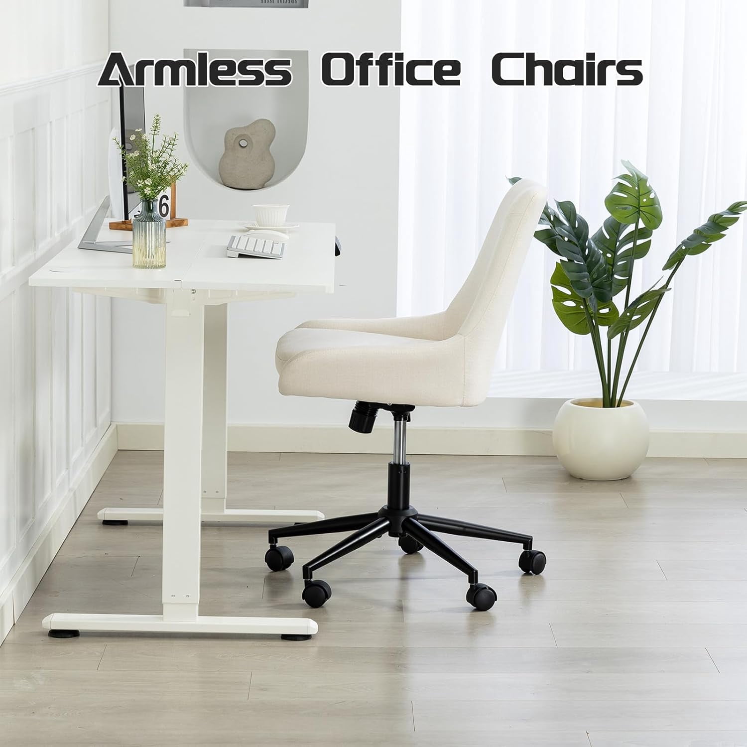 Breathable Linen Fabric Home Office Chair, Comfortable Armless Task Chair Swivel Rolling Adjustable Height Home Office