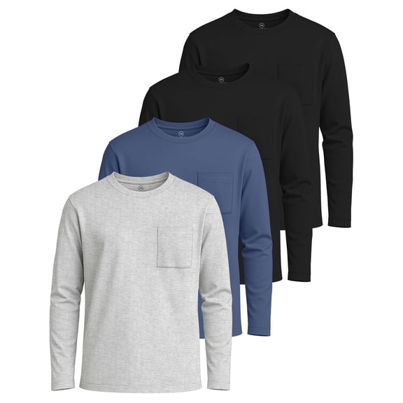 Real Essentials 4 Pack: Boys' Cotton Jersey Long Sleeve T-Shirt with Pocket - Kids Teens Youth Crew Neck Tee Top (Ages 4-16)