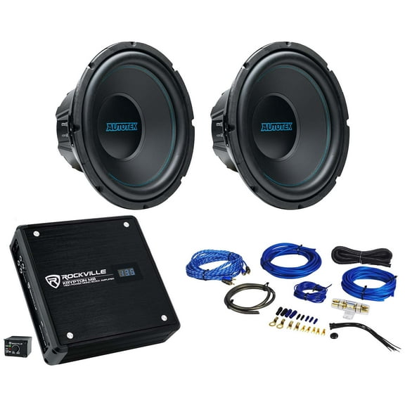 (2) Autotek ATK12D4 12" 400w RMS DVC 4 Ohm Car Subwoofers Mono Amplifier Amp Kit