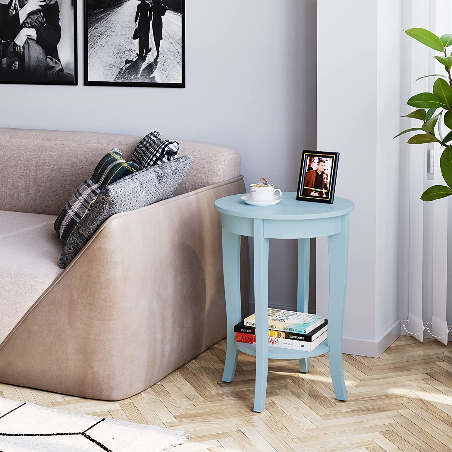 End Table with 2Tier Storage Shelves, Blue Side Table Elegant Coffee