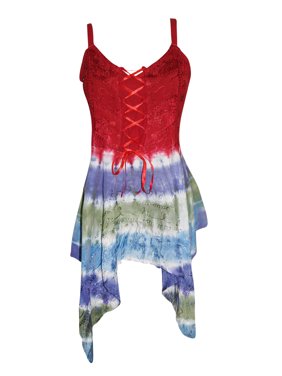 Mogul Women's Hi low Tank Top Tie -Dye Red Embroidered Front Lace Tops