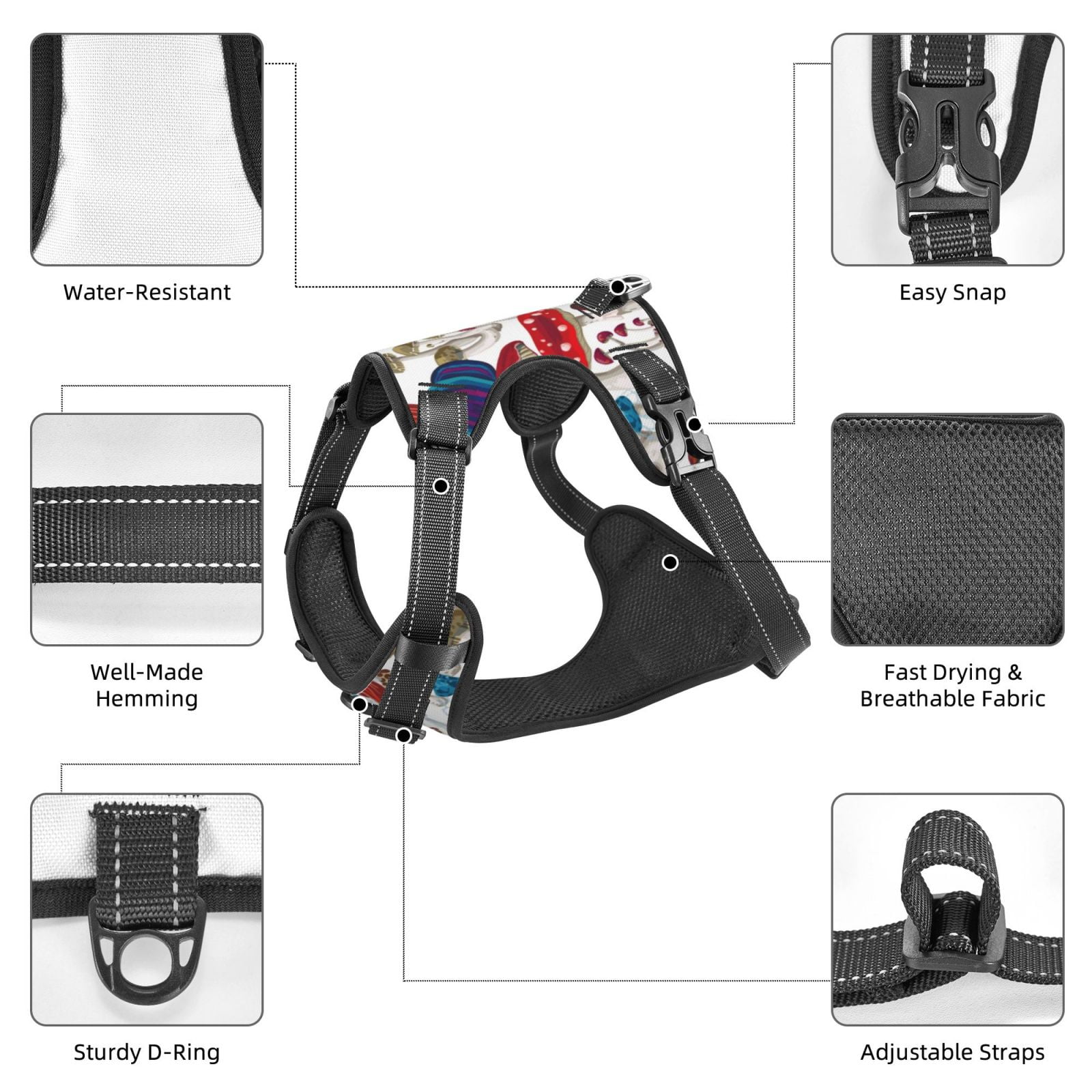 Vsdgher Colorful Mushrooms (2) Pattern Dog Harness,No Pull Pet Harness with Soft Padded Handle,Adjustable Reflective Vest with 2 Buckles,4 Slide Buckles,S-XL Large