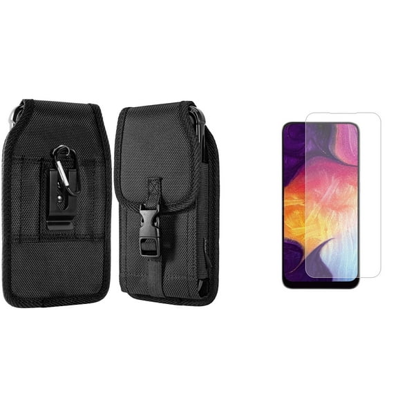 Holster and Screen Protector Bundle for Schok Freedom Turbo XL 2022: Vertical Nylon Belt Pouch Buckle Case (Black) and (2-Pack) Tempered Glass Shield
