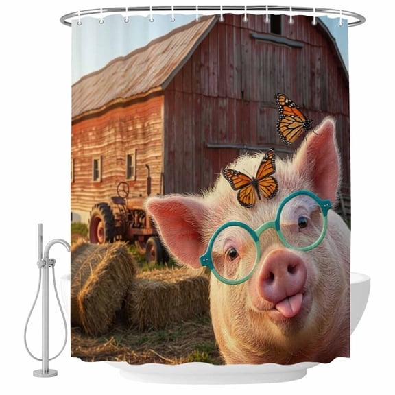 Farm Pig Shower Curtain, Waterproof Shower Curtains for Bathroom, Farmhouse Barn Funny Animals Butterfly Washable Fabric Bathtub Curtain Set Bath Decor with 12 Hooks 72"x78"