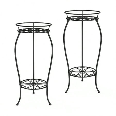 FaithLand 2 Pack Metal Plant Stands Tall Planter Holder Indoor Outdoor 2 Tier Round Potted ports Rack Corner Display Shelf Black