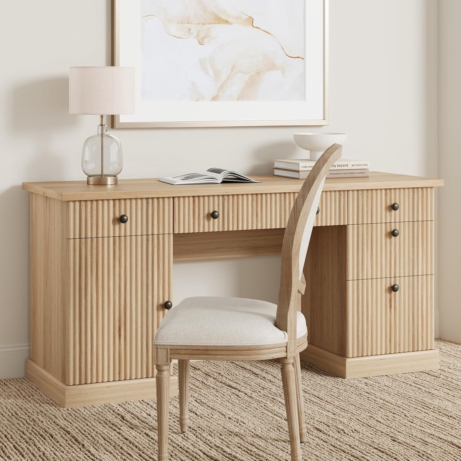 Fluted Home Office Desk Storage, 60 in Modern Executive Desk with Charging Station, Wooden Computer Writing Desk with File Cabinet & Drawers for Study, Living Room, Bedroom-Burlywood