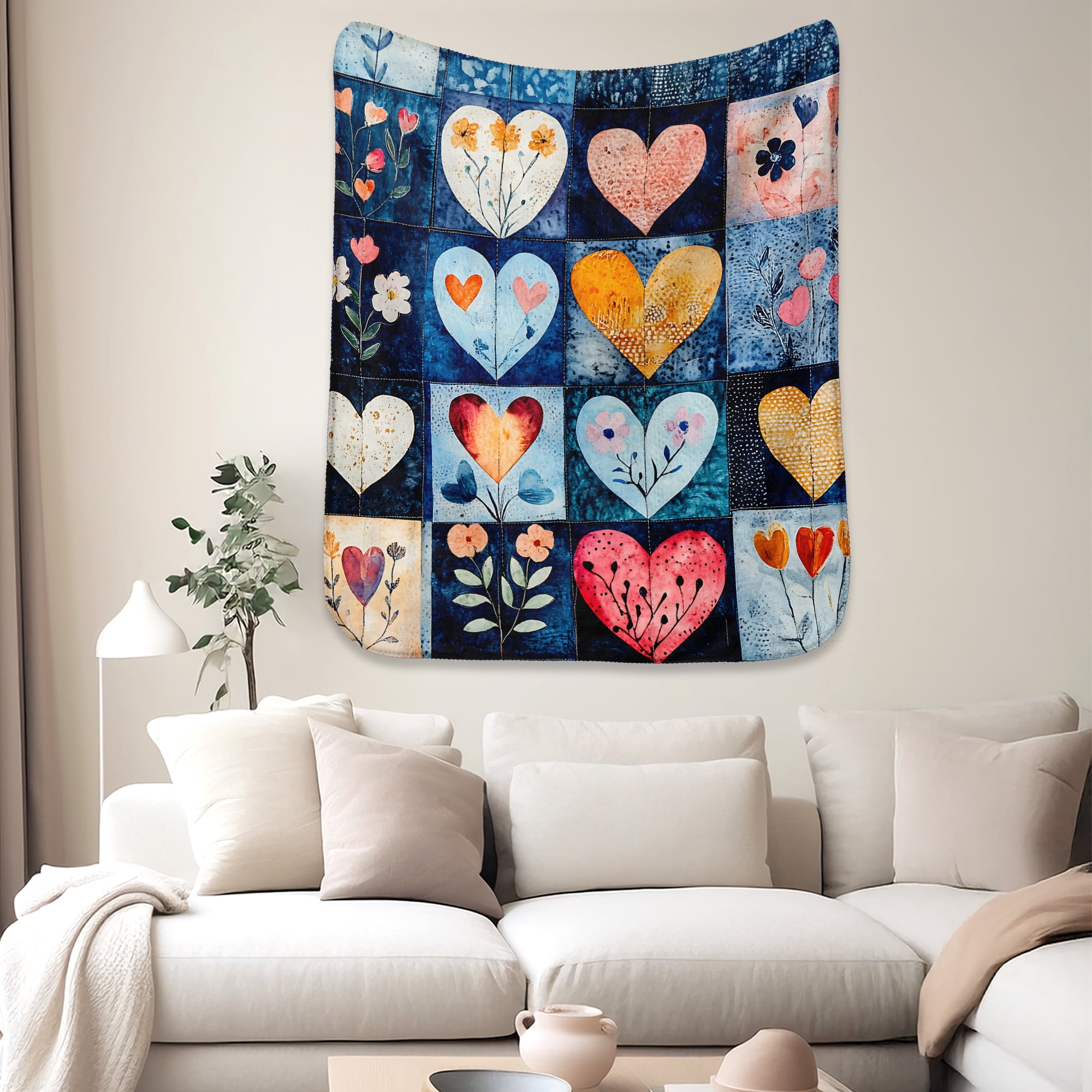 Sherpa Fleece Throw Blanket 50"x60" Reversible Plush Fluffy Blanket, Double-Layer Super Soft Flannel Blanket for Sofa, Couch, Bed, Patchwork Floral & Heart Pattern