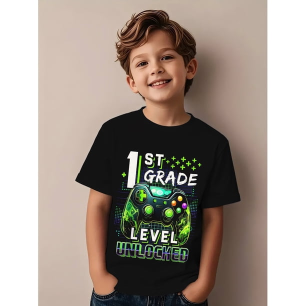 1st Grade Level Unlocked Gaming Shirt - Boys' Birthday or Back to School Tee with Controller Graphic, Black with Neon Green Accents - Soft Everyday Kids T-Shirt for Video Game Learners