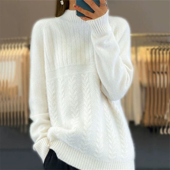 MSJbahu Cute Womens Sweaters White Knitted Chenille Solid Crew Neck Long Sleeve Pullover Sweaters for Teen 2024