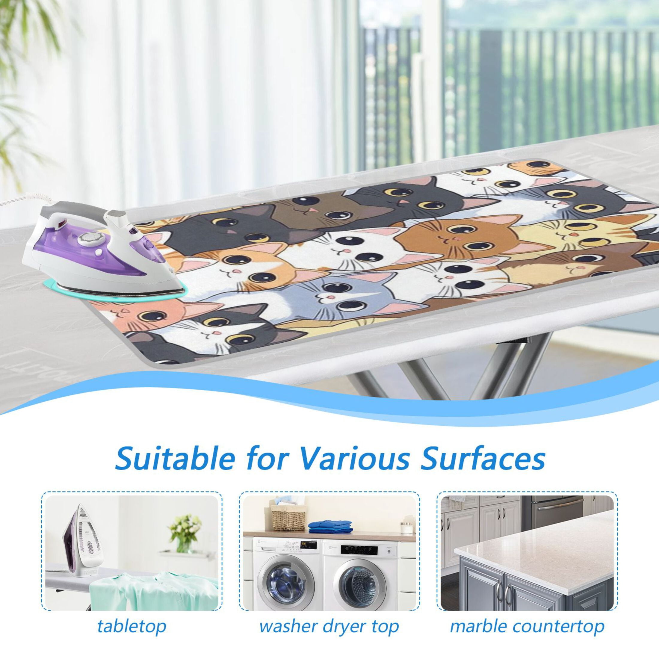 Cute Cat Faces Pattern Ironing Mat Blanket for Table Top Travel Portable Ironing Board Pad 47.2x27.6 Inch