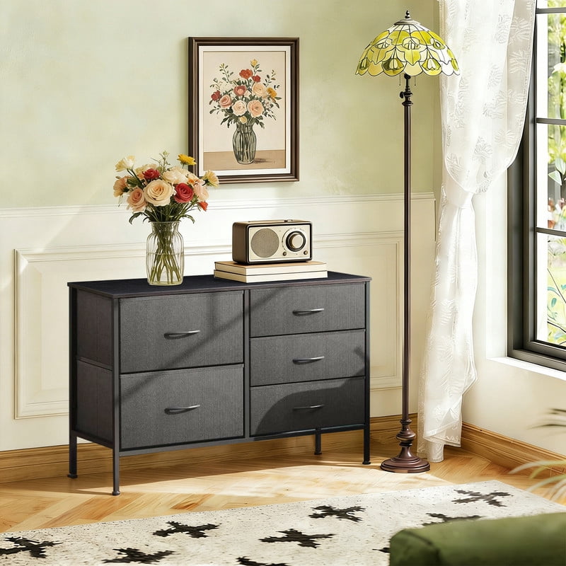 Simenmax 5-Drawer Fabric TV Stand, 39.4-Inch Entertainment Center with Wood Top & Sturdy Metal Frame, Storage Dresser for Bedroom, Living Room, Hallway, Black