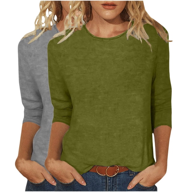 Bowake 2PC Womens 3/4 Sleeve Shirts Casual Crew Neck Basic Tops Solid Color Ladies Going out Blouse Tee