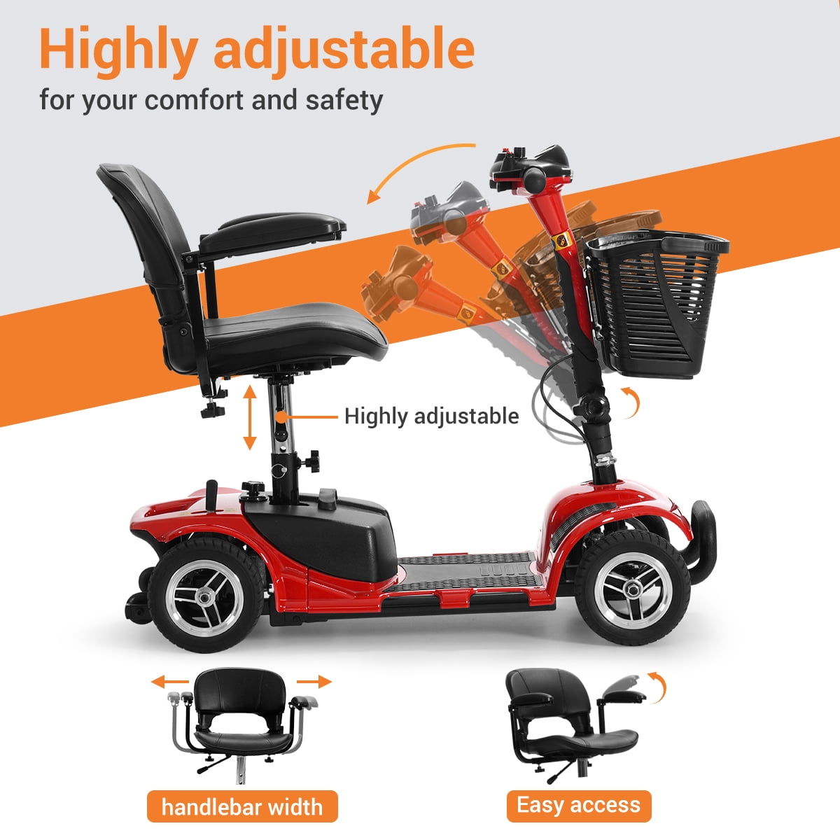 TEKAMON 4 Wheels Mobility Scooter - Portable Folding Power Electric Mobility Scooters for Seniors, Adults, Handicapped, Elderly - Range Extended Battery,Red
